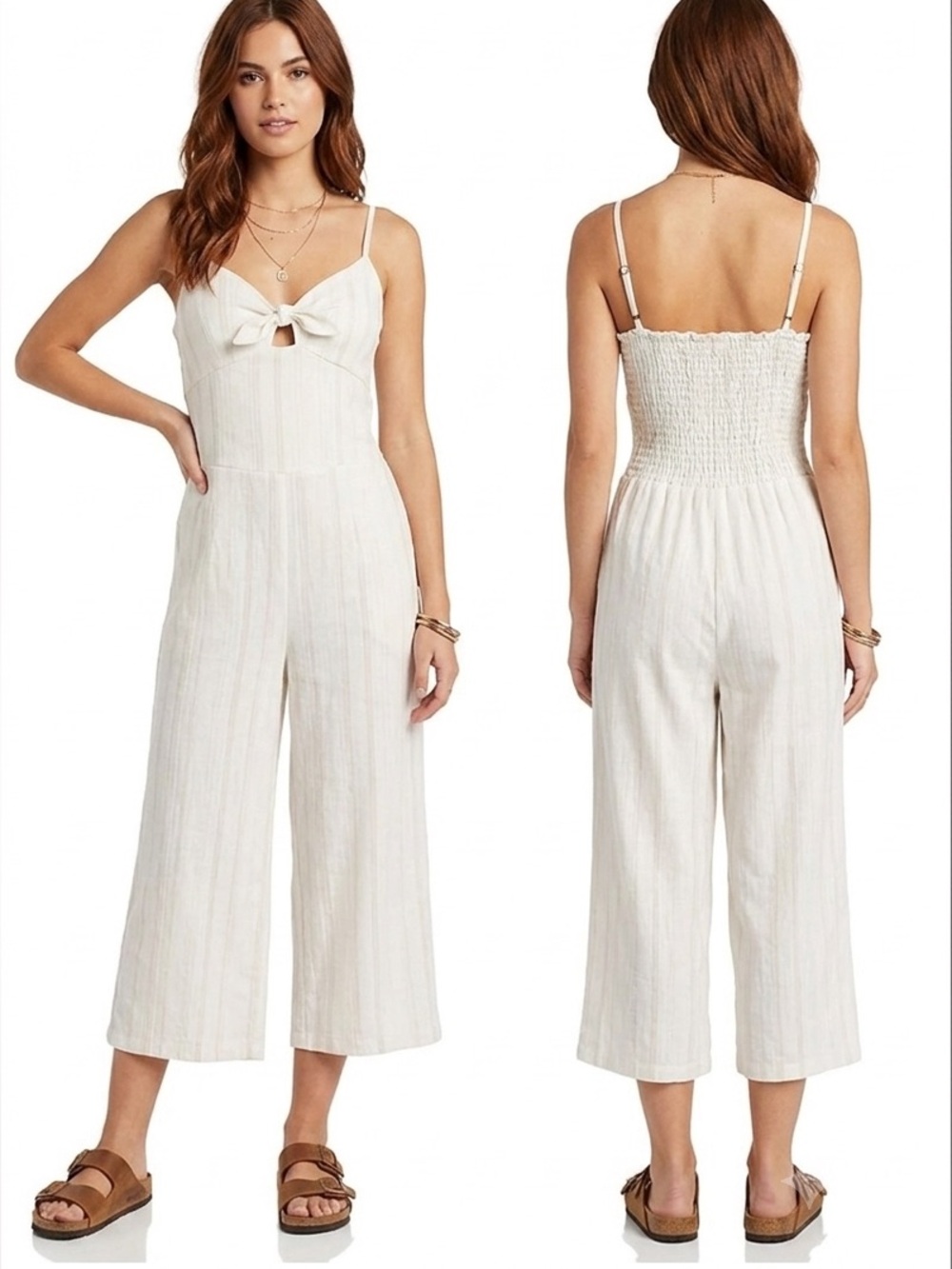 Chaser Striped Beachy Linen Tie Front Smocked Jumpsuit